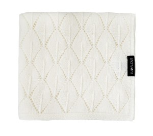 Kocyk z 100% wełny merino dla niemowląt 80×100 cm – kokos |  Premium, splot liście ażur