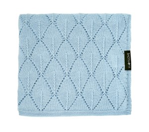 Kocyk z 100% wełny merino dla niemowląt 80×100 cm – niebieski |  Premium, splot liście ażur
