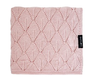 Kocyk z 100% wełny merino dla niemowląt 80×100 cm – pudrowy róż |  Premium, splot liście ażur
